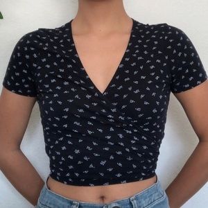 Brandy Melville Rae Navy Blue Floral Wrap Crop Top